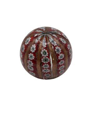 Handcrafted Murano Millefiori Glass Paperweight With Red & Gold Floral Design